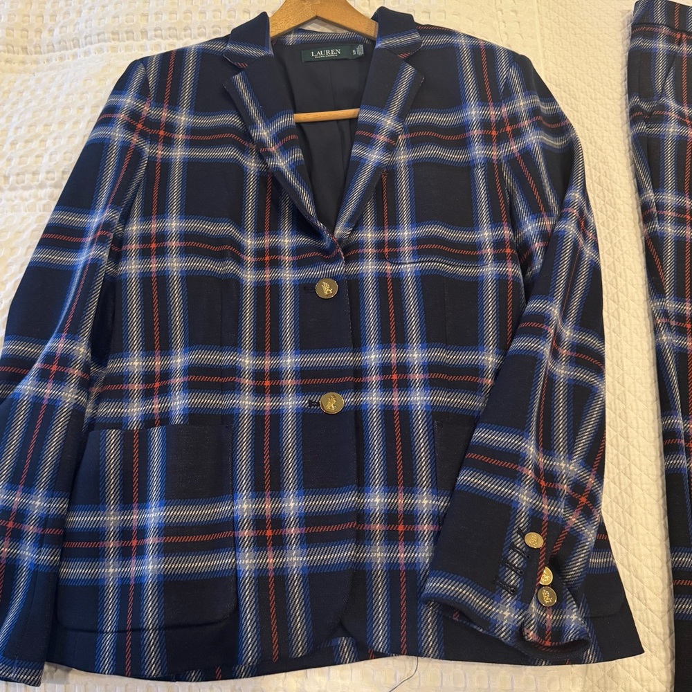 Lauren by Ralph Lauren Navy Blue Plaid Pant Suit